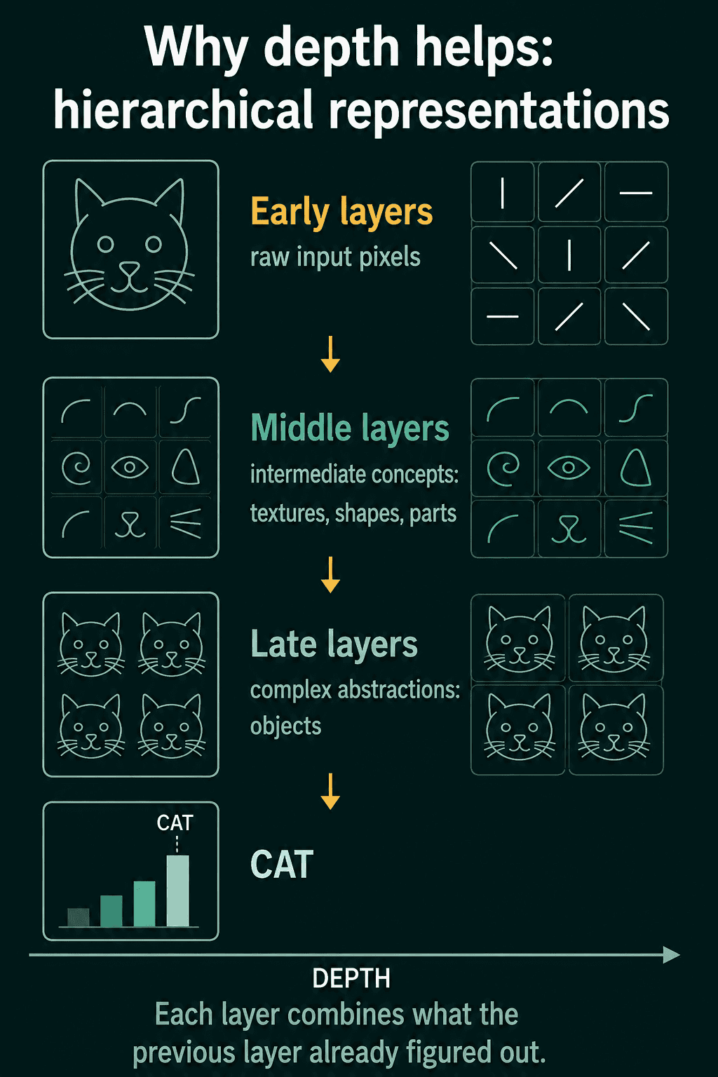 Why depth helps: early layers pick up edges from raw pixels, middle layers combine them into shapes and parts like eyes and ears, late layers combine those into whole cat faces, and the output scores the class CAT.